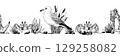 Seamless black and white marine border features detailed vector sketches of a seagull, crabs, anchor, rope, rocks, and coastal grasses. Perfect for nautical themed decorations, invitations. 129258082
