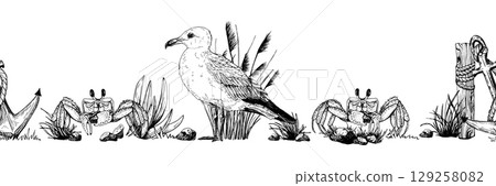 Seamless black and white marine border features detailed vector sketches of a seagull, crabs, anchor, rope, rocks, and coastal grasses. Perfect for nautical themed decorations, invitations. 129258082