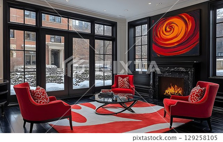 Modern living room interior with red accents and fireplace 129258105