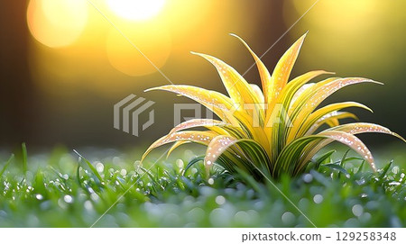 Sunrise plant yellow flora in dewy grass nature background Sunrise plant yellow flora in dewy grass nature background 129258348