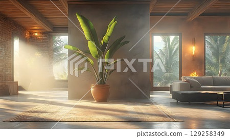 Sunlit modern living room with potted plant interior design Sunlit modern living room with potted plant interior design 129258349