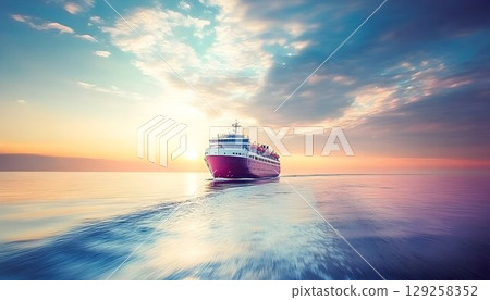 Cruise ship sailing at sunset ocean voyage travel and vacation theme Cruise ship sailing at sunset ocean voyage travel and vacation theme 129258352