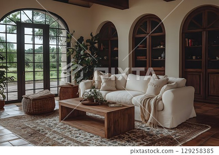 Cream sofa in cozy living room with arched windows and garden view 129258385
