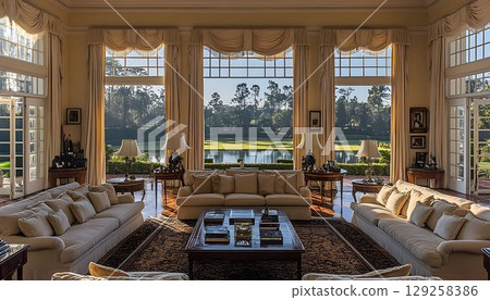 Sunlit living room with panoramic garden view elegant interior design Sunlit living room with panoramic garden view elegant interior design 129258386