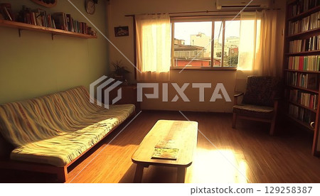 Sunlit living room interior with bookshelves and sofa Sunlit living room interior with bookshelves and sofa 129258387