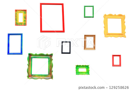 Empty multicolored photo frames isolated on white background. Different painted photoframes cutout Empty multicolored photo frames isolated on white background. Different painted photoframes cutout 129258626