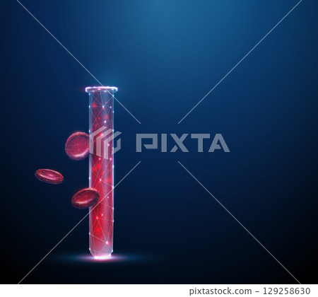 Blood test tube with floating red blood cells nearby. Blood analysis, hematology diagnostics, laboratory testing, medical research, personalized medicine concept. 129258630