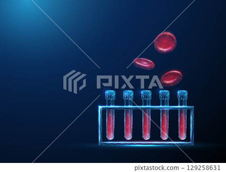 Blood test tubes rack with flying red blood cells around. Hematology analysis, blood diagnostics, laboratory testing, medical research, personalized medicine concept. 129258631