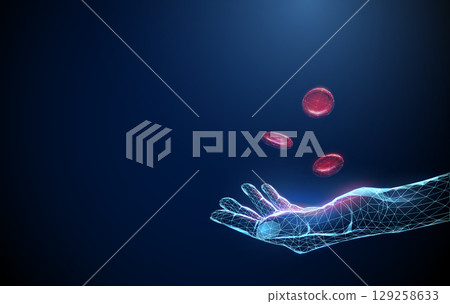 Red blood cells flying above open human hand. Blood health, transfusion, medical treatment, hematology care, personalized medicine, blood therapy, health support concept. Red blood cells flying above open human hand. Blood health, transfusion, medical treatment, hematology care, personalized medicine, blood therapy, health support concept. 129258633