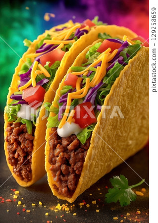 Close-Up of Two Colorful Tacos with Corn Tortillas Surrounded by Vibrant Background Close-Up of Two Colorful Tacos with Corn Tortillas Surrounded by Vibrant Background 129258659