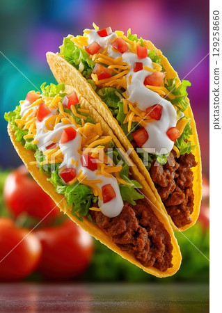Close-Up of Two Tacos in Mid-Air Surrounded by Colorful Background with Fresh Ingredients 129258660