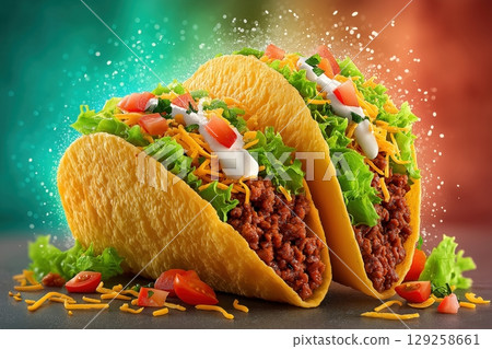 Close-Up of Two Tacos in Mid-Air with Corn Tortilla Colorful Background and Sprinkles 129258661