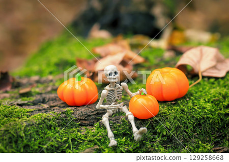 Skeleton figurine sits on green moss and orange pumpkins in garden, Halloween decor 129258668