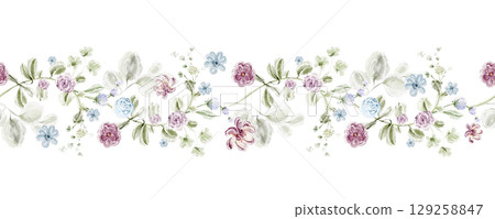 Seamless Watercolor Floral Border With Small Flowers Seamless Watercolor Floral Border With Small Flowers 129258847