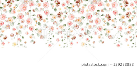 Seamless Watercolor Floral Border With Pink Flowers 129258888