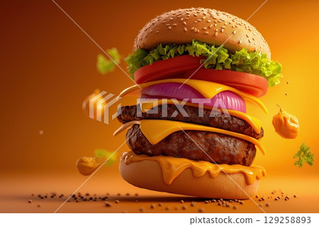 Vibrantly Layered Cheeseburger with Fresh Ingredients and Rich Colors on a Warm Background 129258893