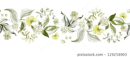 Seamless Watercolor Green Floral Border Illustration Seamless Watercolor Green Floral Border Illustration 129258903