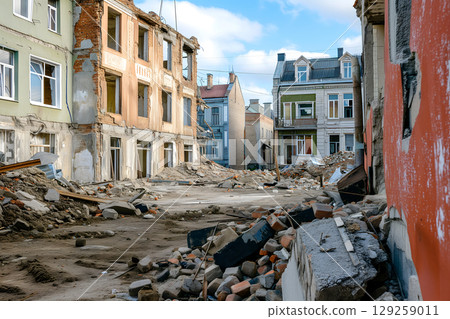 Ruined houses street after war. Neural network generated image. 129259011