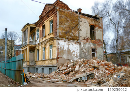 Ruined houses street after war. Neural network generated image. Ruined houses street after war. Neural network generated image. 129259012