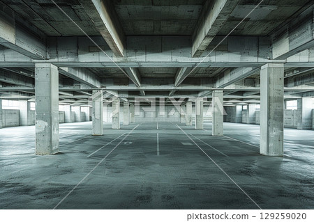 Empty underground parking garage with concrete pillars and industrial lighting. Modern urban infrastructure 129259020