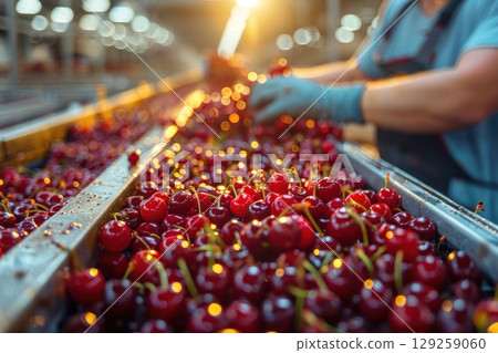 Picking cherries on conveyor belt at food factory for market 129259060