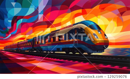 Vibrant painting of a rolling train on railway tracks with automotive lighting 129259076