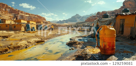 Person by river in desert, surrounded by sky, clouds, and natural landscape 129259081