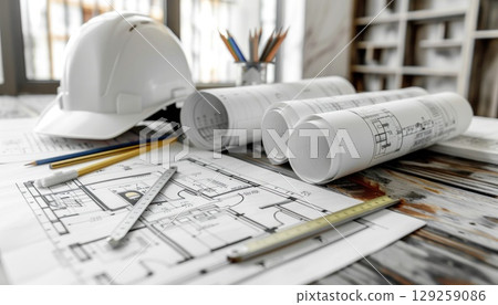 Hard hat on table near blueprints. Wood, Engineering, Office supplies 129259086