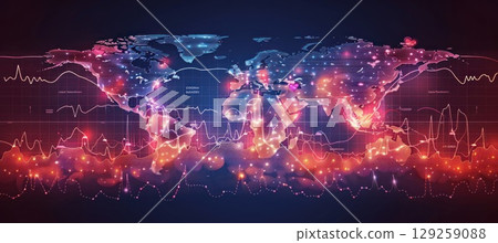 A world map surrounded by graphs and lines in various shades of purple and blue 129259088