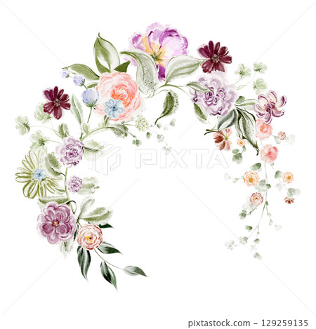 Watercolor Floral Wreath With Large Multicolored Flower Buds 129259135