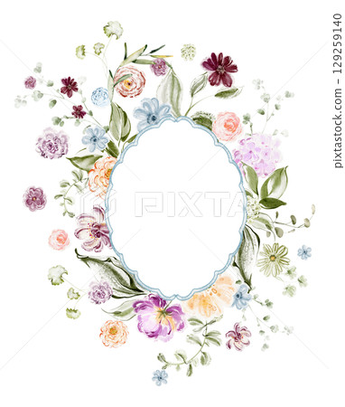 Watercolor Oval Floral Frame With Small Mixed Flowers Watercolor Oval Floral Frame With Small Mixed Flowers 129259140