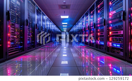 Data center with magenta light on servers, creating symmetry in the building 129259172