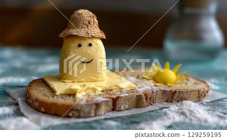 Food with a face and hat on bread, baked goods with a smile Food with a face and hat on bread, baked goods with a smile 129259195