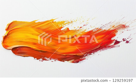 Closeup of a brush stroke with orange and yellow art paint on white background 129259197