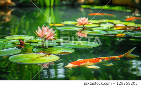 Lake with lotus flowers and aquatic organisms like fish among water lilies 129259203