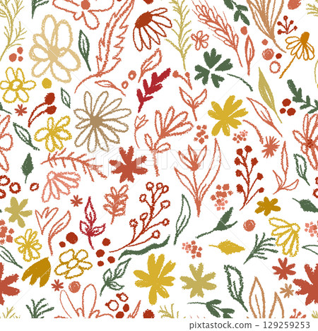 Seamless background autumn flowers. hand drawing. Not AI, Vector illustration 129259253