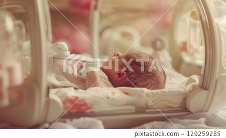 A baby rests in a magenta crib in a hospital room 129259285