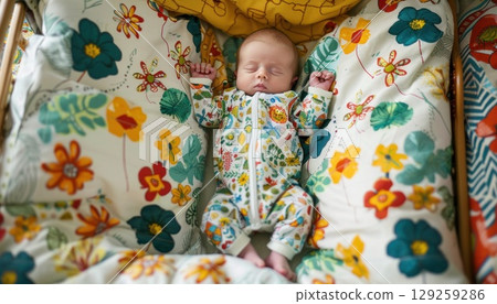 Child peacefully sleeps in crib on floral textile blanket 129259286
