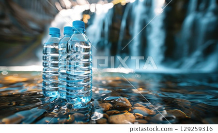 Three plastic water bottles on rocks by a freezing waterfall 129259316
