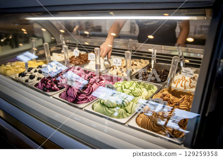 Colorful Artisan Gelato in an Ice Cream Shop Display. AI generated Colorful Artisan Gelato in an Ice Cream Shop Display. AI generated 129259358