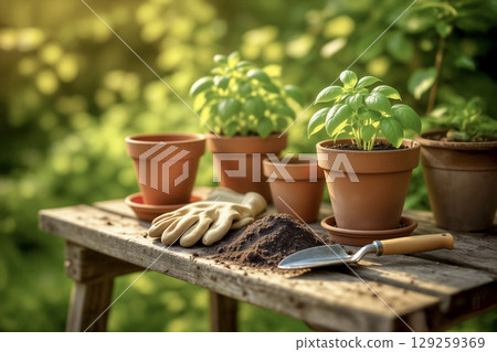 Basil Plants in Terracotta Pots with Gardening Tools. AI generated 129259369