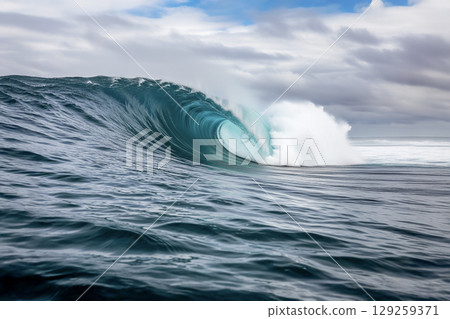 Powerful Ocean Wave Curling Under a Dramatic Sky. AI generated 129259371