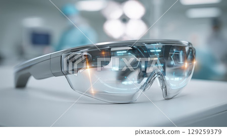 High-Tech Smart Glasses on a Table in a Modern Medical Environment 129259379