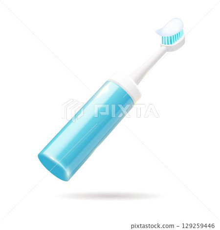 An electric toothbrush that is loaded with toothpaste on it An electric toothbrush that is loaded with toothpaste on it 129259446