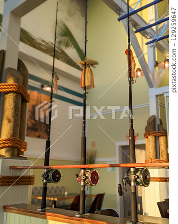 A closeup shot of fishing rods in a shop 129259647
