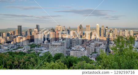 Montreal city skyline panorama at sunset viewed from Mont Royal with urban skyscrapers. 129259716