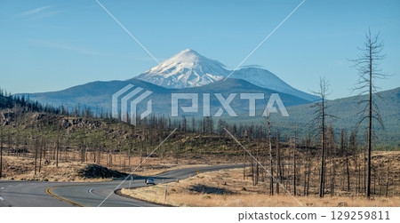 Road towards Mounts Shasta and Shastina in California, 129259811