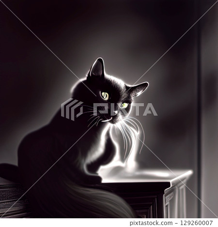 graphic illustration of a black cat on a black background, AI generation 129260007