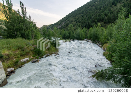 The panorama of mountain landscape of Ala-Archa gorge in the summer's day, Kyrgyzstan. The panorama of mountain landscape of Ala-Archa gorge in the summer's day, Kyrgyzstan. 129260038