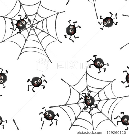 Cute Spider and Web Seamless Pattern. Whimsical Halloween Design. 129260120